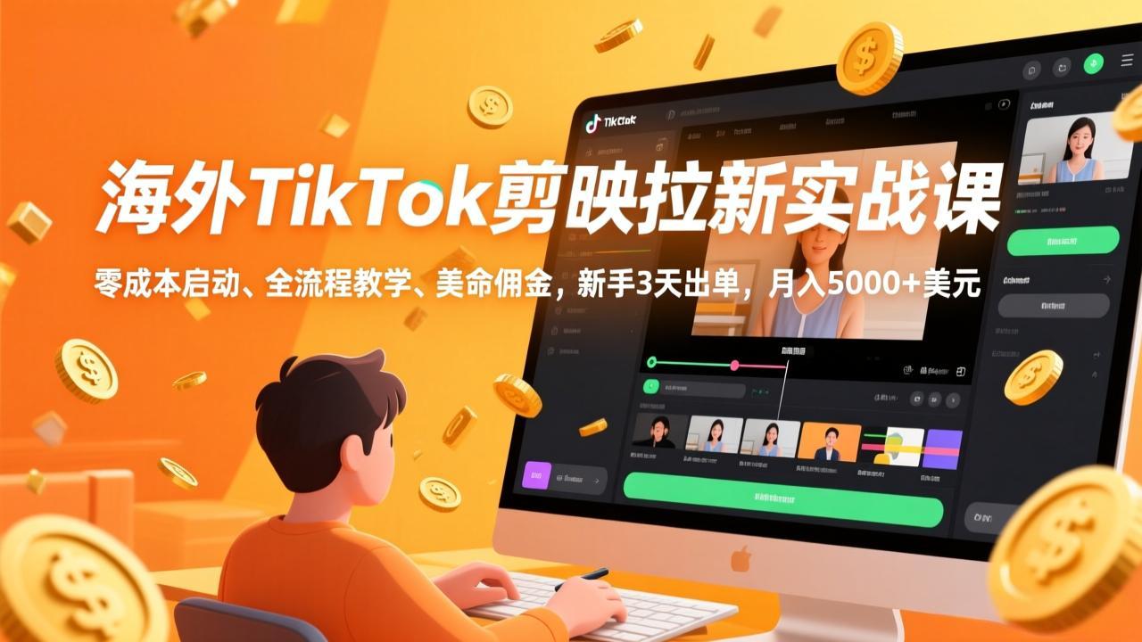 海外TikTok剪映拉新实战课，零成本启动、全流程教学、美金佣金，新手3天出单，月入5000+美元-heixma