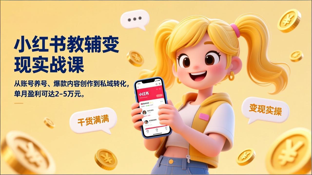 小红书教辅变现实战课，从账号养号、爆款内容创作到私域转化，单月盈利可达2-5万元-heixma