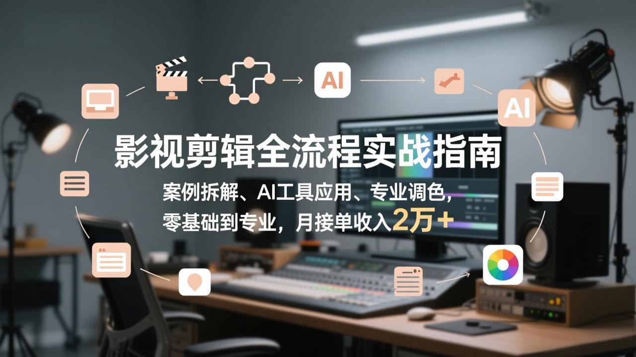 影视剪辑全流程实战指南，案例拆解、AI工具应用、专业调色，零基础到专业，月接单收入2万+-heixma