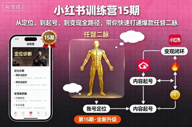 小红书训练营15期，从定位、到起号、到变现全路径，带你快速打通爆款任督二脉-heixma