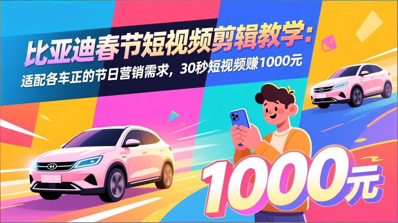 比亚迪春节短视频剪辑教学：适配各车企的节日营销需求，30秒短视频赚1000元-heixma