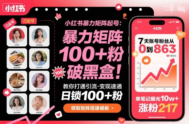 小红书暴力矩阵起号，教你打通引流-变现速通，日锁100+粉，破流量黑盒-heixma