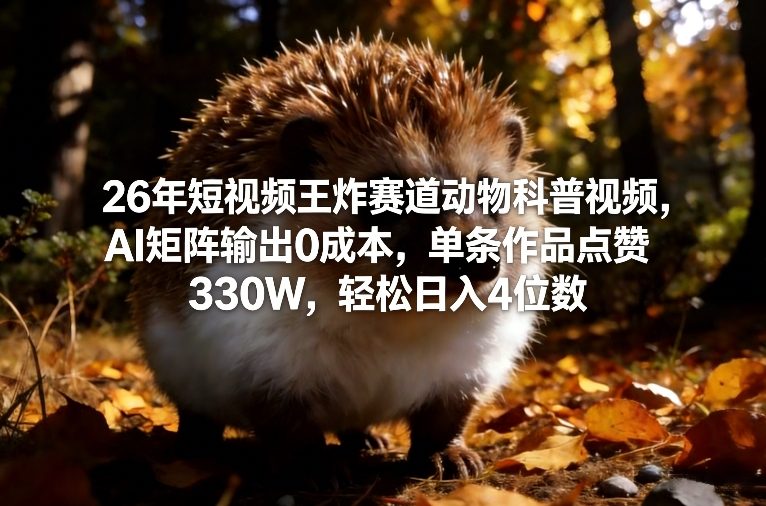 26年短视频王炸赛道动物科普视频，AI矩阵输出0成本，单条作品点赞330W，轻松日入4位数-heixma