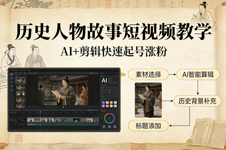 历史人物故事短视频教学，AI+剪辑制作历史人物题材短视频，快速起号涨粉-heixma