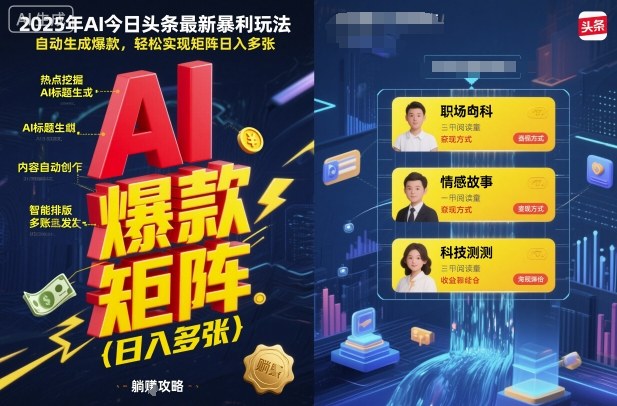 2025年AI今日头条最新暴利玩法，自动生成爆款，轻松实现矩阵日入多张-heixma