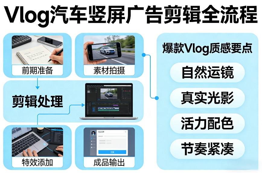 Vlog感觉汽车竖屏广告剪辑脚本全流程，拿捏爆款Vlog质感-heixma