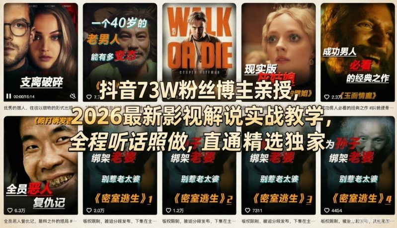 抖音73W粉丝博主亲授，2026最新影视解说实战教学，全程听话照做，直通精选独家-heixma