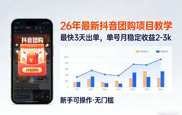 26年最新抖音团购项目教学，0门槛，最快3天出单，单号月稳定收益2-3k-heixma