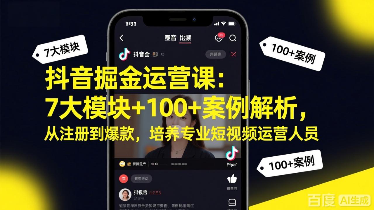 抖音掘金运营课：7大模块+100+案例解析，从注册到爆款，培养专业短视频运营人员-heixma