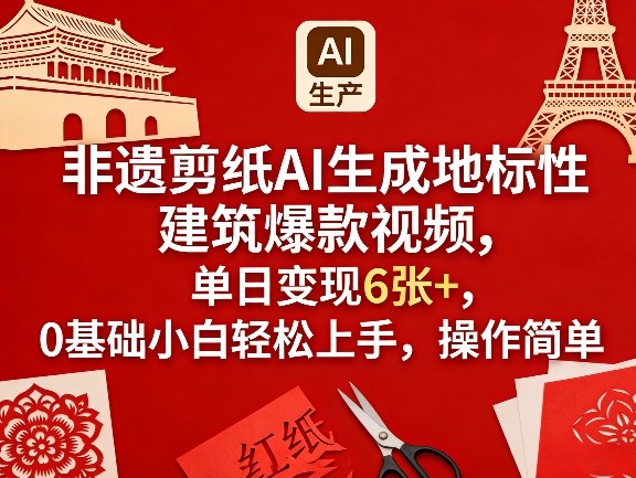 非遗剪纸AI生成地标性建筑爆款视频，单日变现6张+，0基础小白轻松上手，操作简单-heixma