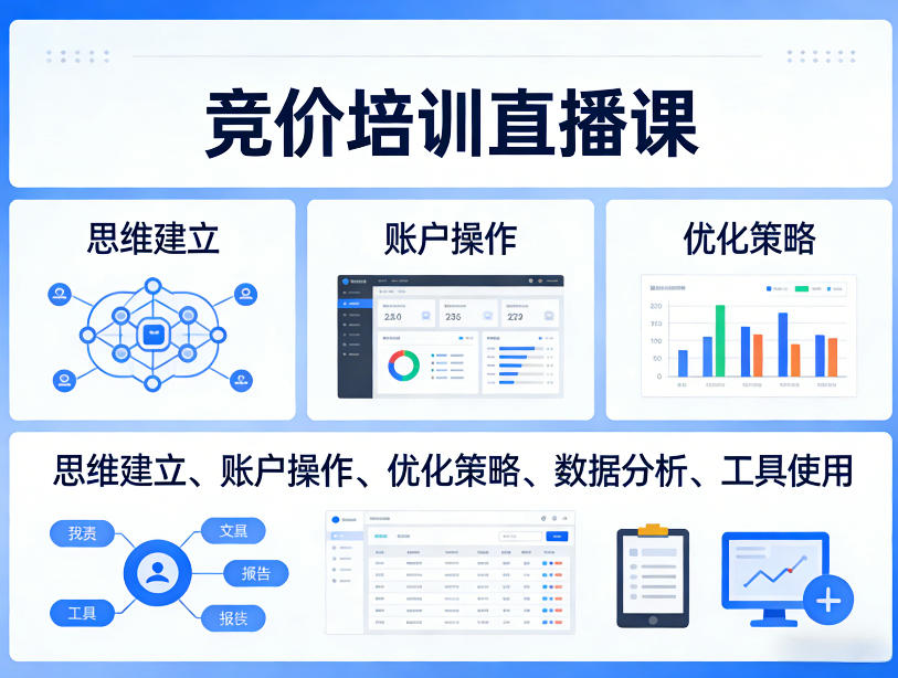 竞价培训直播课，覆盖思维建立、账户操作、优化策略、数据分析、工具使用等，全方位提升效果-heixma