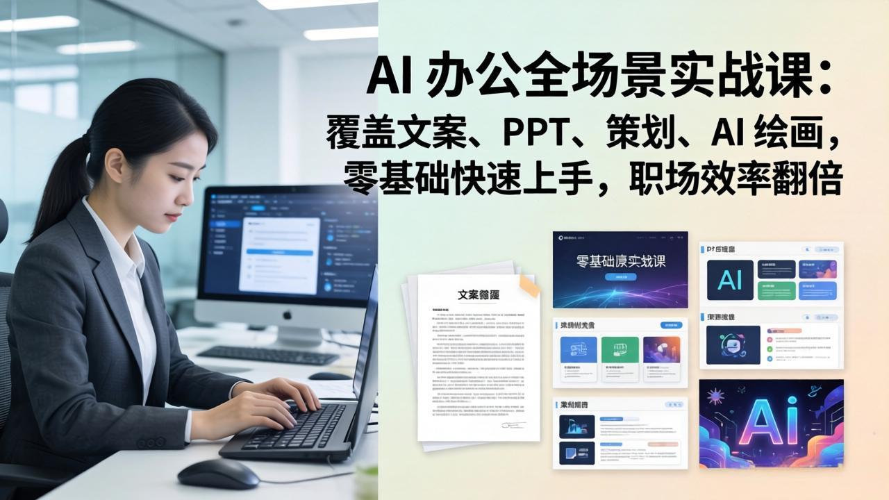 AI 办公全场景实战课：覆盖文案、PPT、策划、AI 绘画，零基础快速上手，职场效率翻倍-heixma