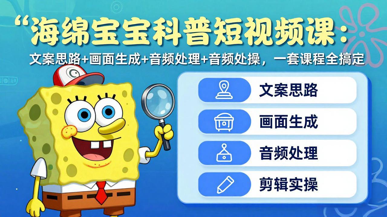 海绵宝宝科普短视频课：文案思路+画面生成+音频处理+剪辑实操，一套课程全搞定-heixma