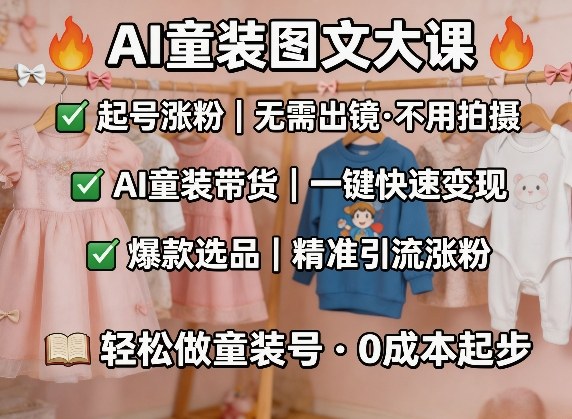 AI童装图文剪辑，某社群童装图文大课，起号涨粉、AI童装带货、爆款选品，无需出镜和拍摄-heixma