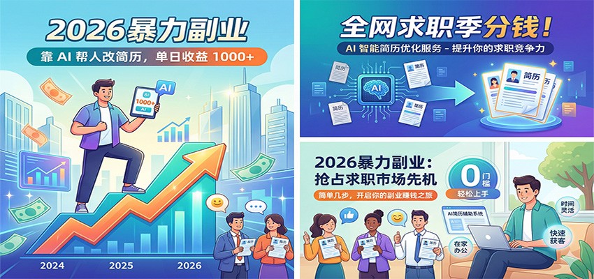 2026暴力副业：靠AI帮人改简历，单日收益1000+，全网求职季分钱-heixma