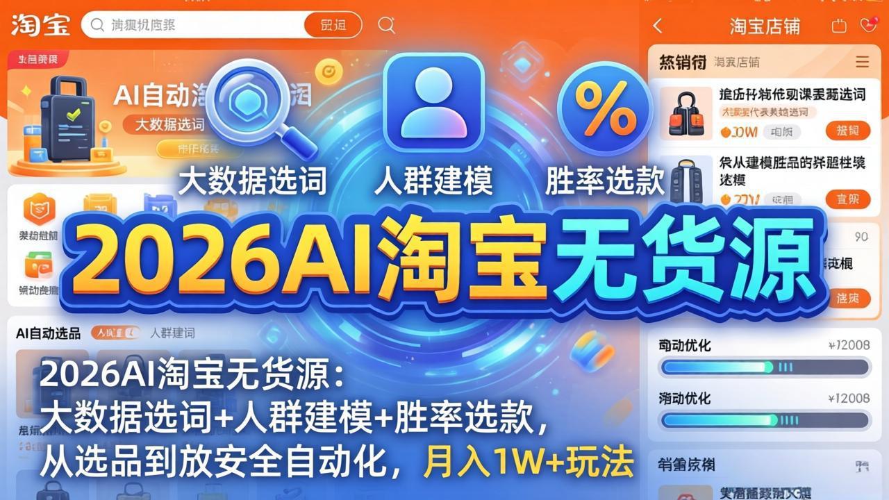 2026AI淘宝无货源：大数据选词+人群建模+胜率选款，从选品到放大全自动化，月入1W+玩法-heixma