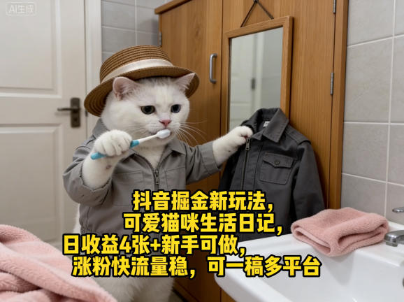 抖音掘金新玩法，可爱猫咪生活日记，日收益4张+新手可做，涨粉快流量稳，可一稿多平台-heixma