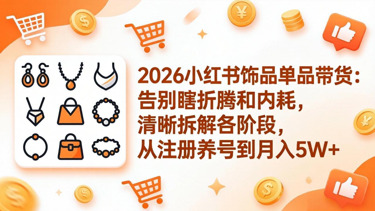 2026小红书饰品单品带货：告别瞎折腾和内耗，清晰拆解各阶段，从注册养号到月入5W+-heixma