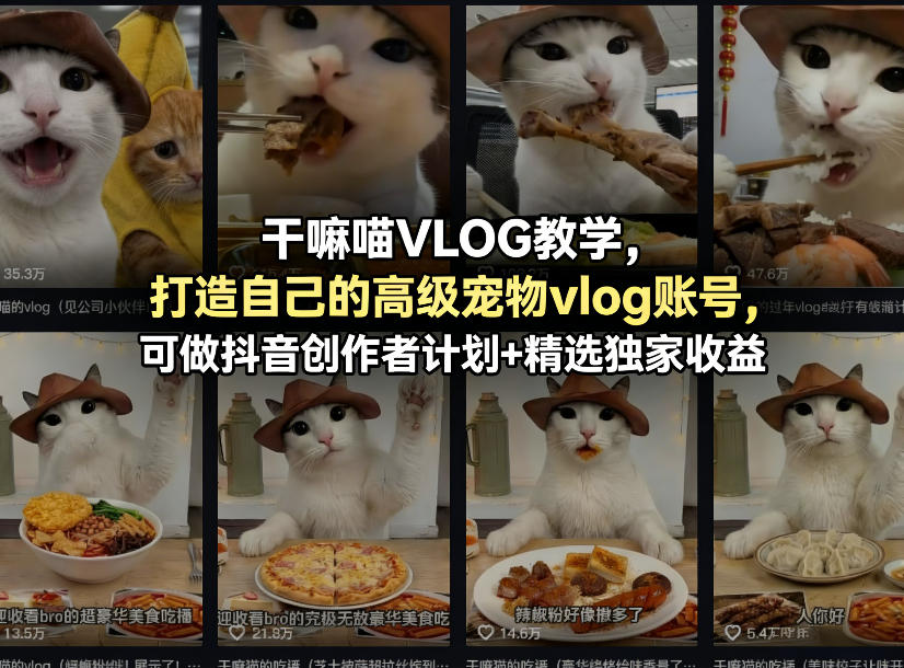 干嘛喵VLOG教学，打造自己的高级宠物vlog账号，可做抖音创作者计划+精选独家收益-heixma