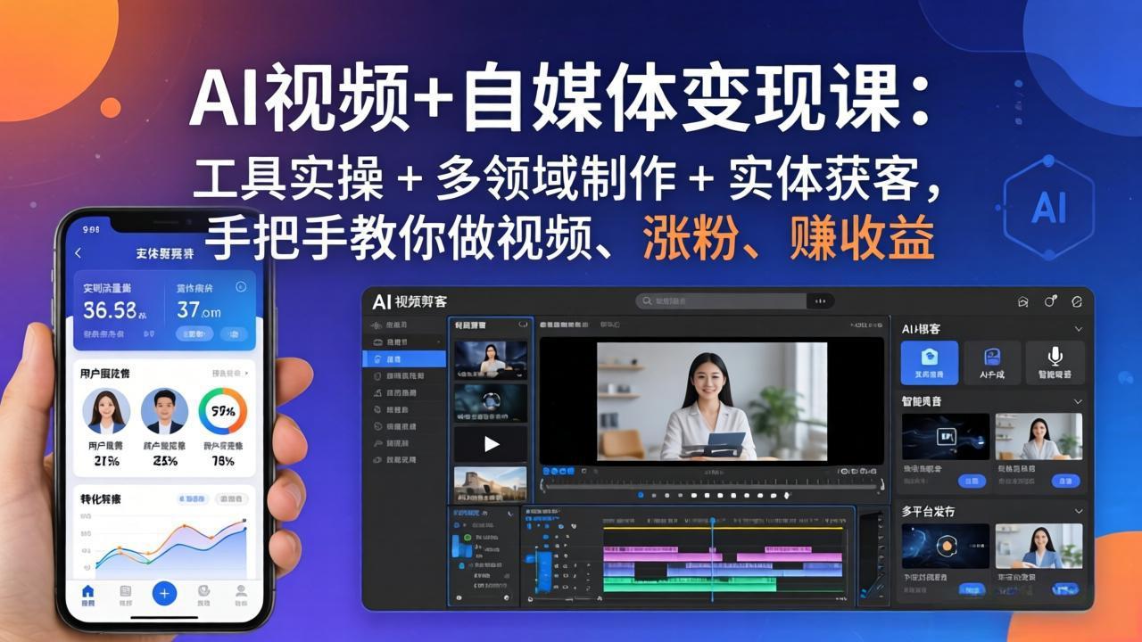 AI视频+自媒体变现课：工具实操 + 多领域制作 + 实体获客，手把手教你做视频、涨粉、赚收益-heixma