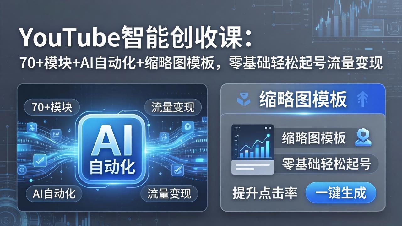 YouTube智能创收课：70+模块+AI自动化+缩略图模板，零基础轻松起号流量变现-heixma
