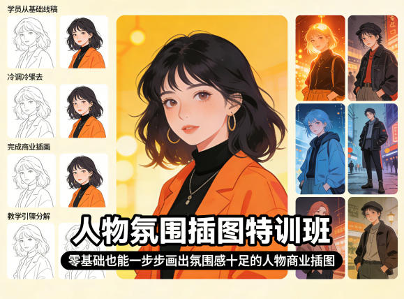人物氛围插图特训班，零基础也能一步步画出氛围感十足的人物商业插图-heixma