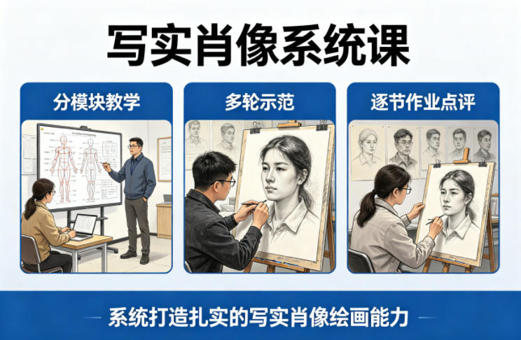 写实肖像系统课，全程分模块教学+多轮示范+逐节作业点评，系统打造扎实的写实肖像绘画能力-heixma