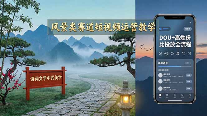 风景类赛道短视频运营教学：诗词文学中式美学，新号养号对标账号定位，DOU+高性价比投放全流程-heixma