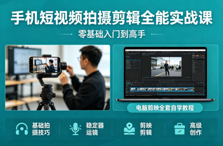 手机短视频拍摄剪辑全能实战课：零基础入门到高手，稳定器运镜+电脑剪映全套自学教程-heixma