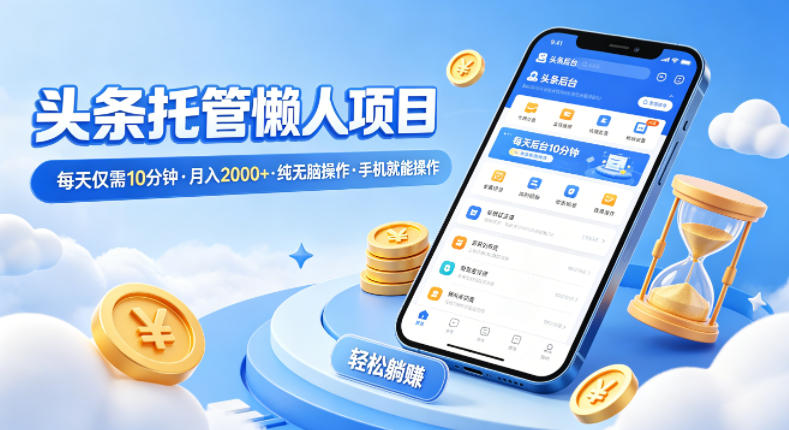 头条托管懒人项目，每天仅需10分钟，月入2000+，纯无脑操作，手机就能操作【揭秘】-heixma