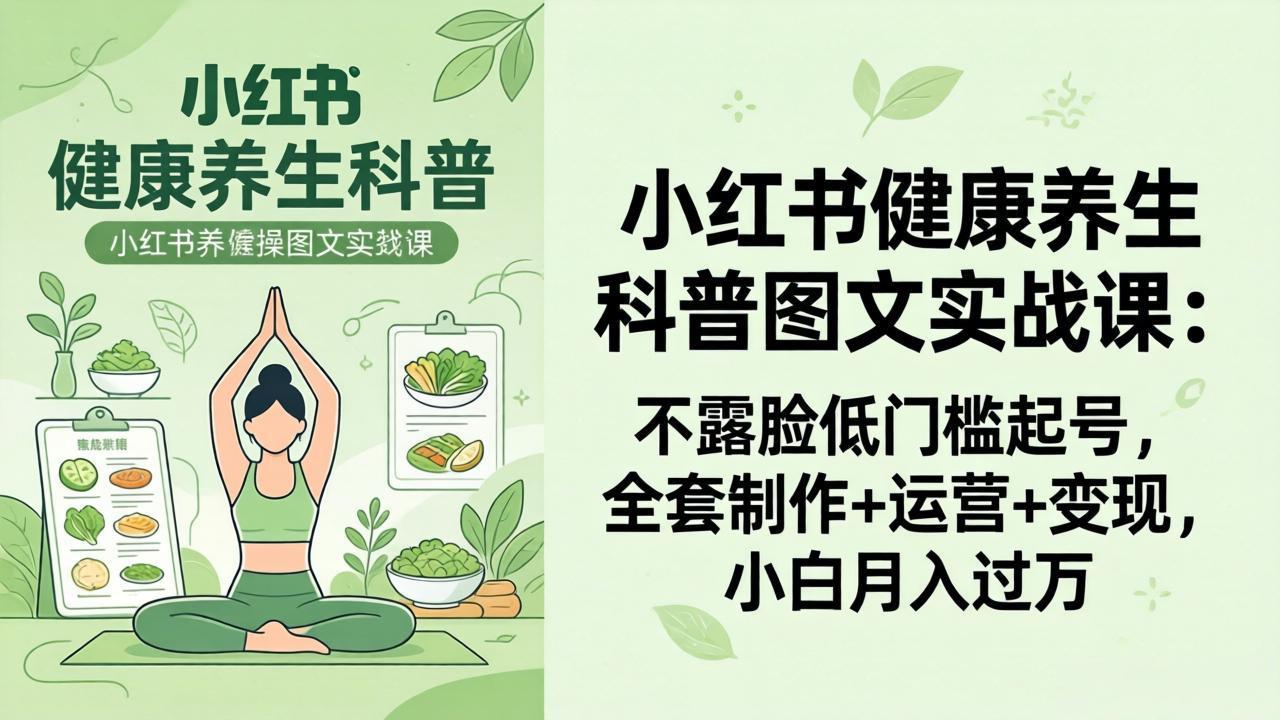 2026小红书健康养生科普图文实战课：不露脸低门槛起号，全套制作+运营+变现，小白月入过万-heixma