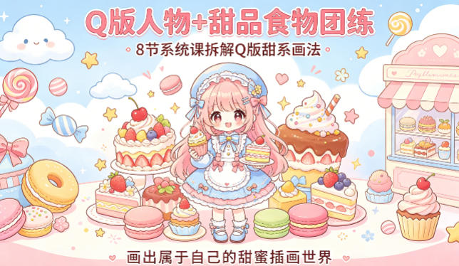 Q版人物+甜品食物团练，8节系统课拆解Q版甜系画法，画出属于自己的甜蜜插画世界-heixma