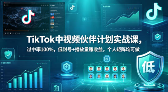 TikTok中视频伙伴计划实战课，过中率100%，低封号+播放量賺收益，个人矩阵均可做-heixma